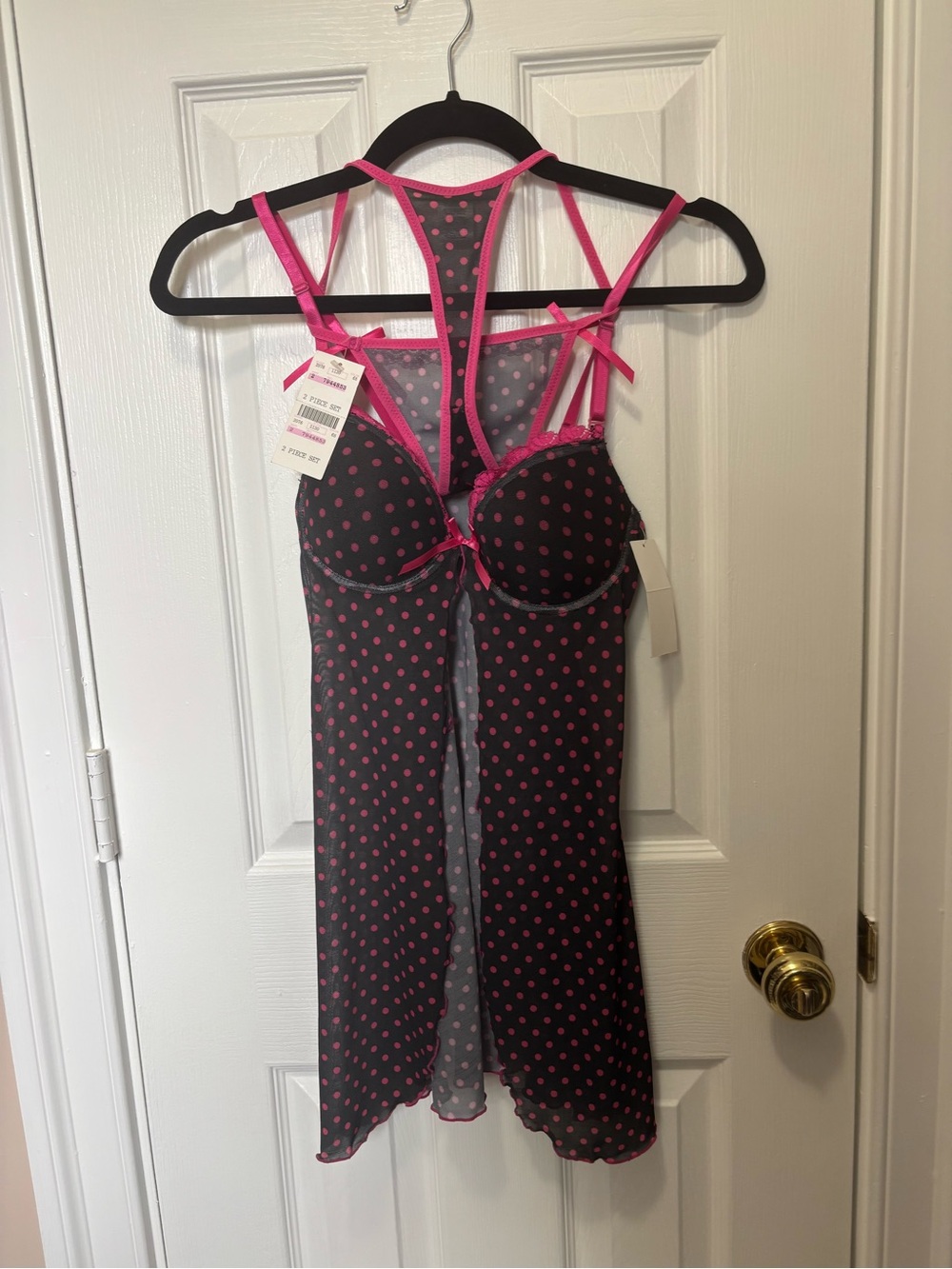 Sheer Polka Dot Chemise with Pink Trim